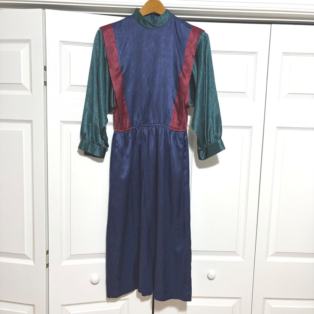 Vintage Colorblock Midi Dress Belt Size M 80s Indie Costume Blue Green Red